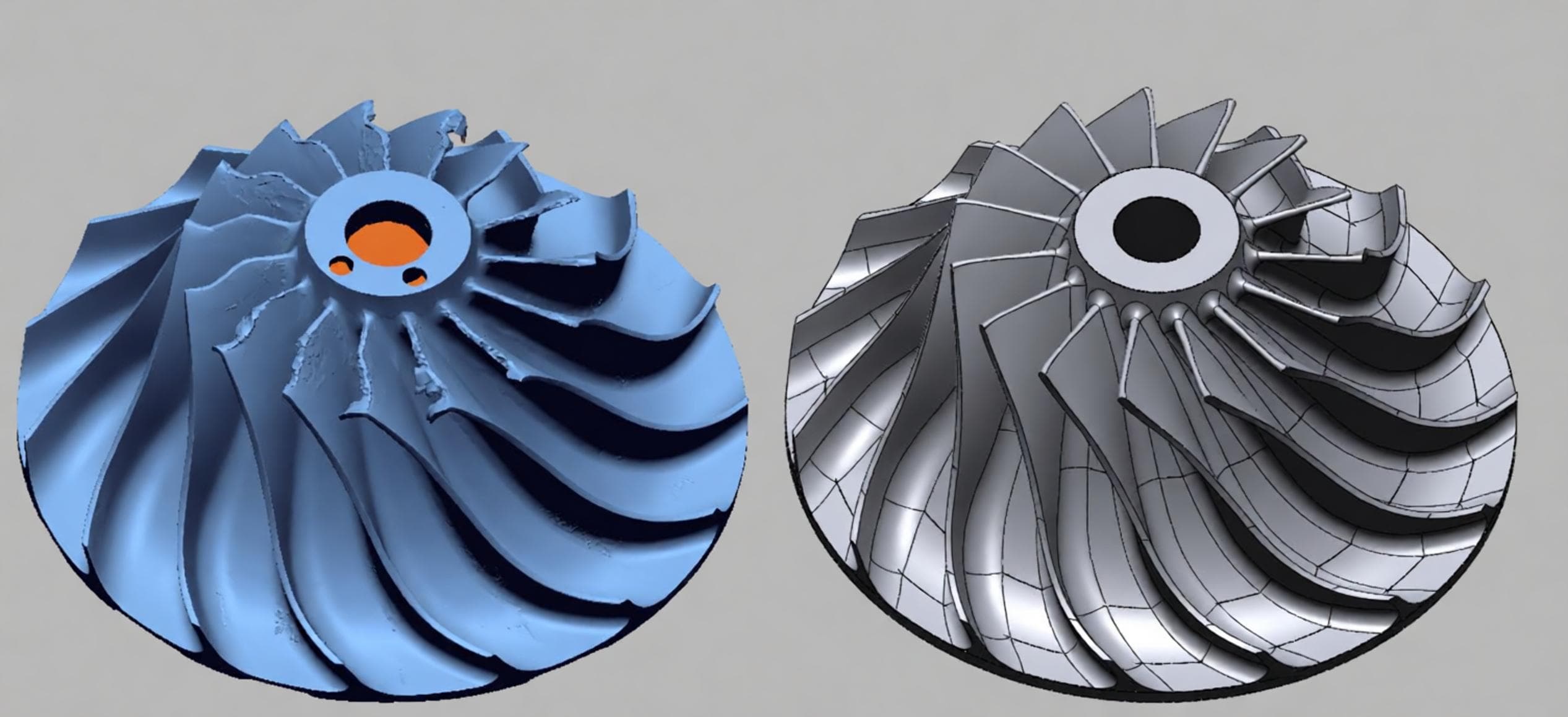 Reverse engineering comparison between damaged impeller scan data and reconstructed CAD surfaces