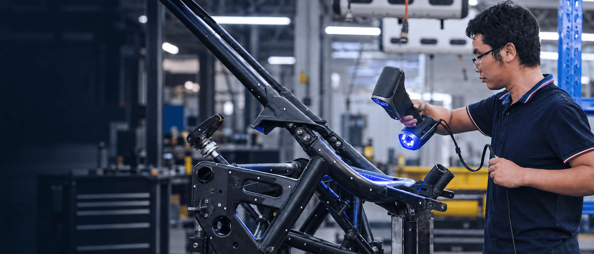 Mechonus engineer using a handheld 3D scanner on a metal frame