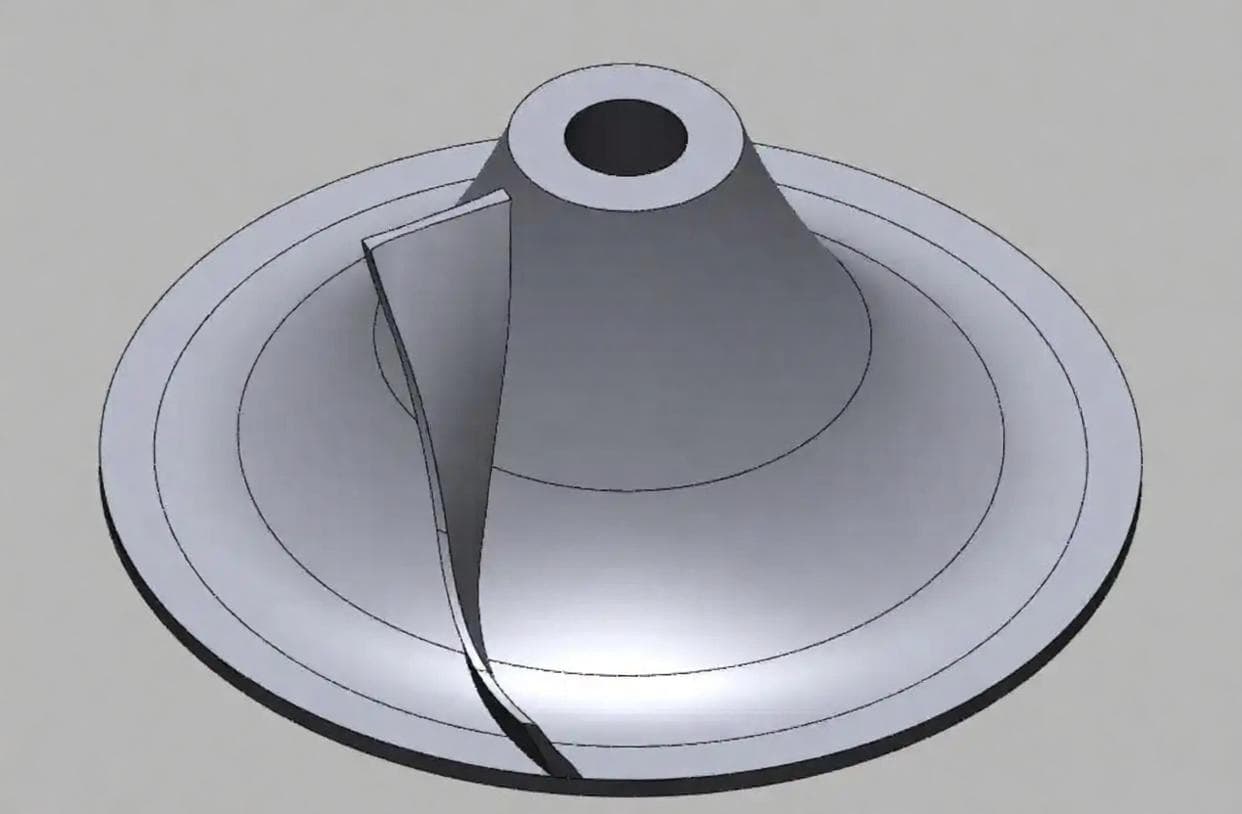 Impeller blade geometry developed from a base surface through 360-degree reconstruction to complete CAD, view 1