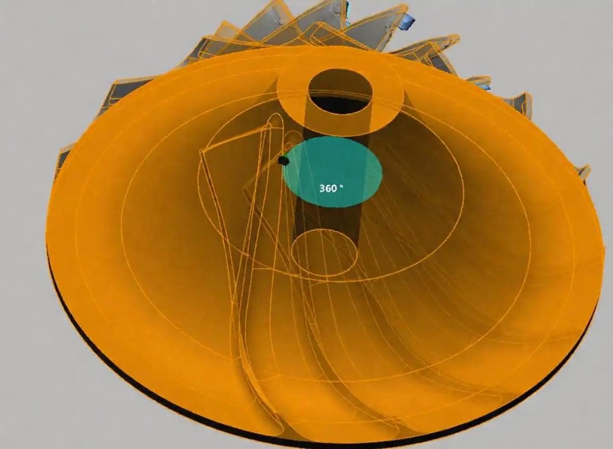 Impeller blade geometry developed from a base surface through 360-degree reconstruction to complete CAD, view 2