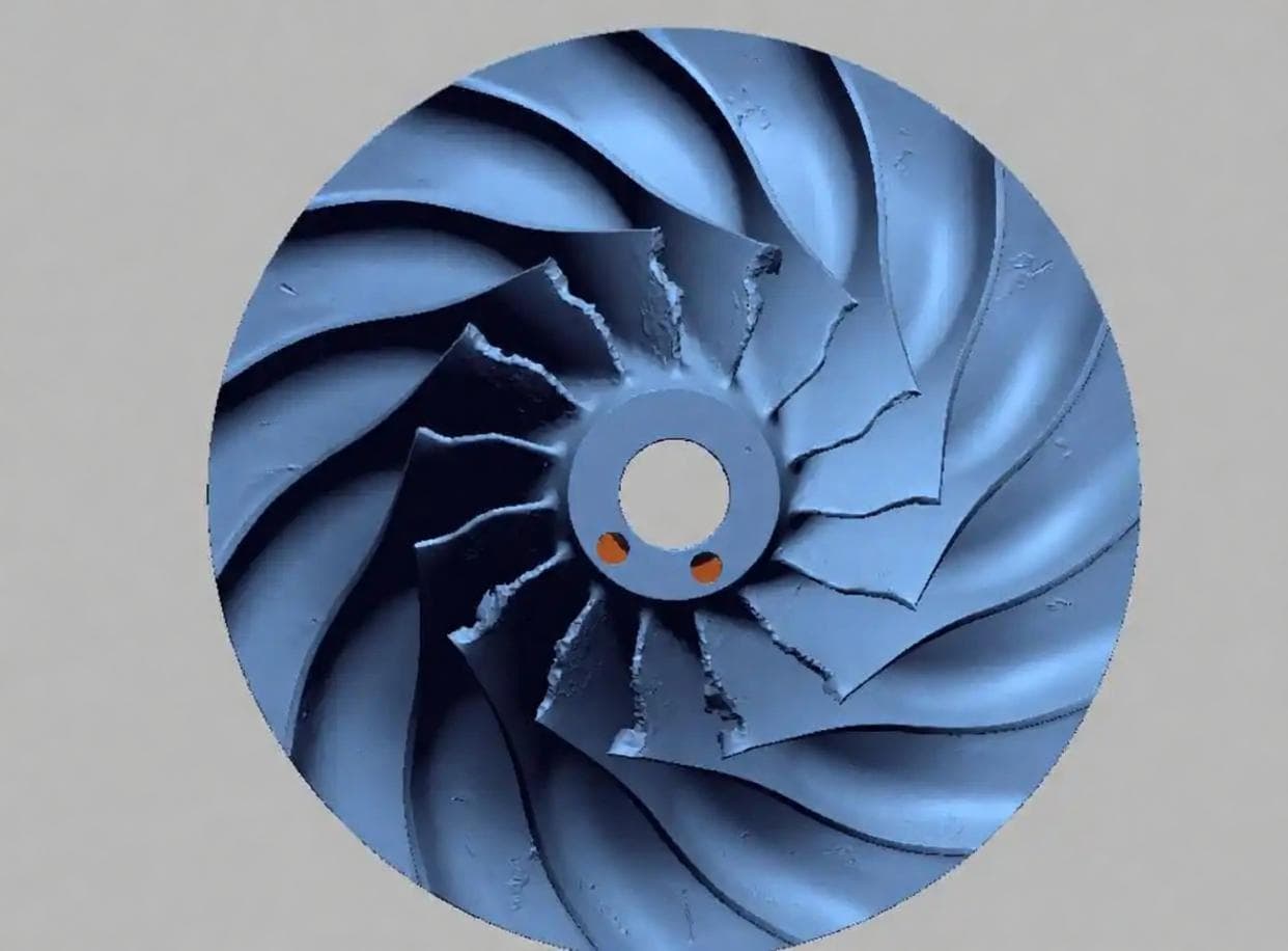 Damaged impeller shown from wear evidence through scan segmentation and geometry recovery, view 1