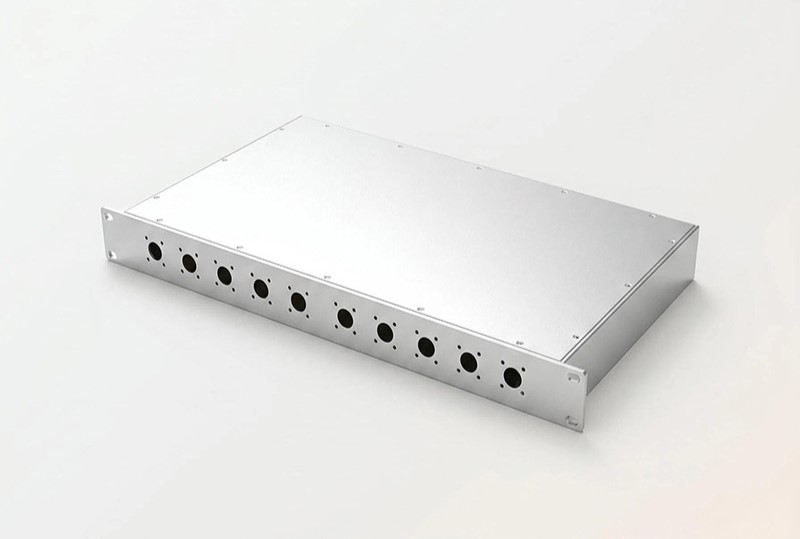 Matte-silver aluminum audio enclosure, angled exterior view