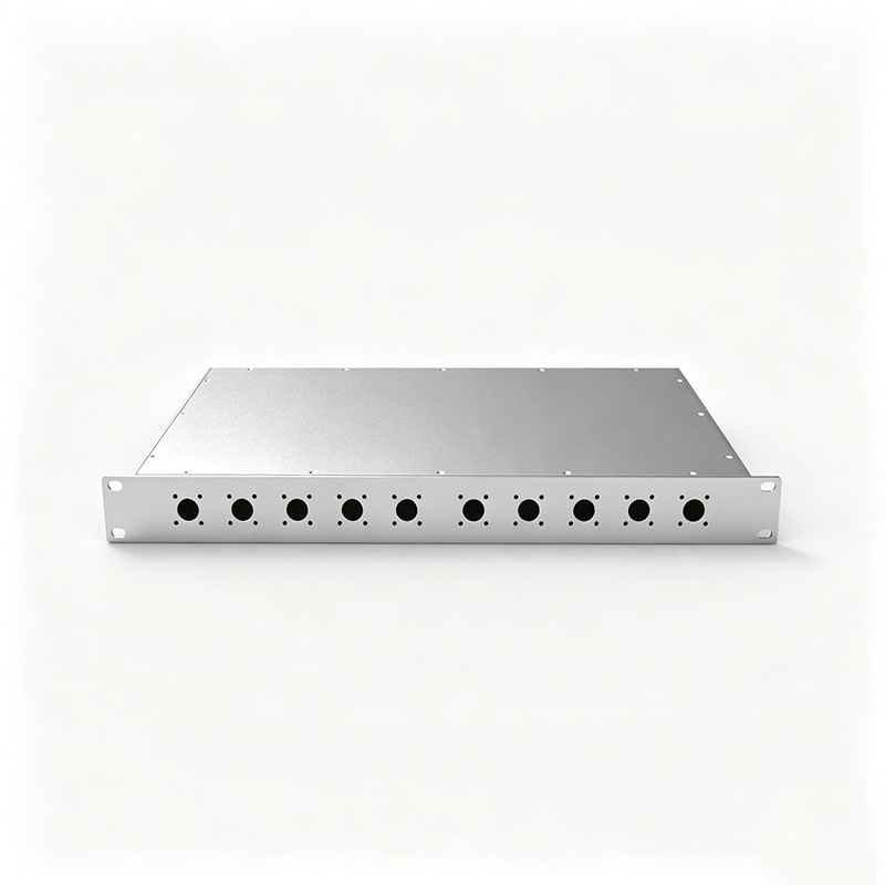 Aluminum audio enclosure front panel and mounting holes