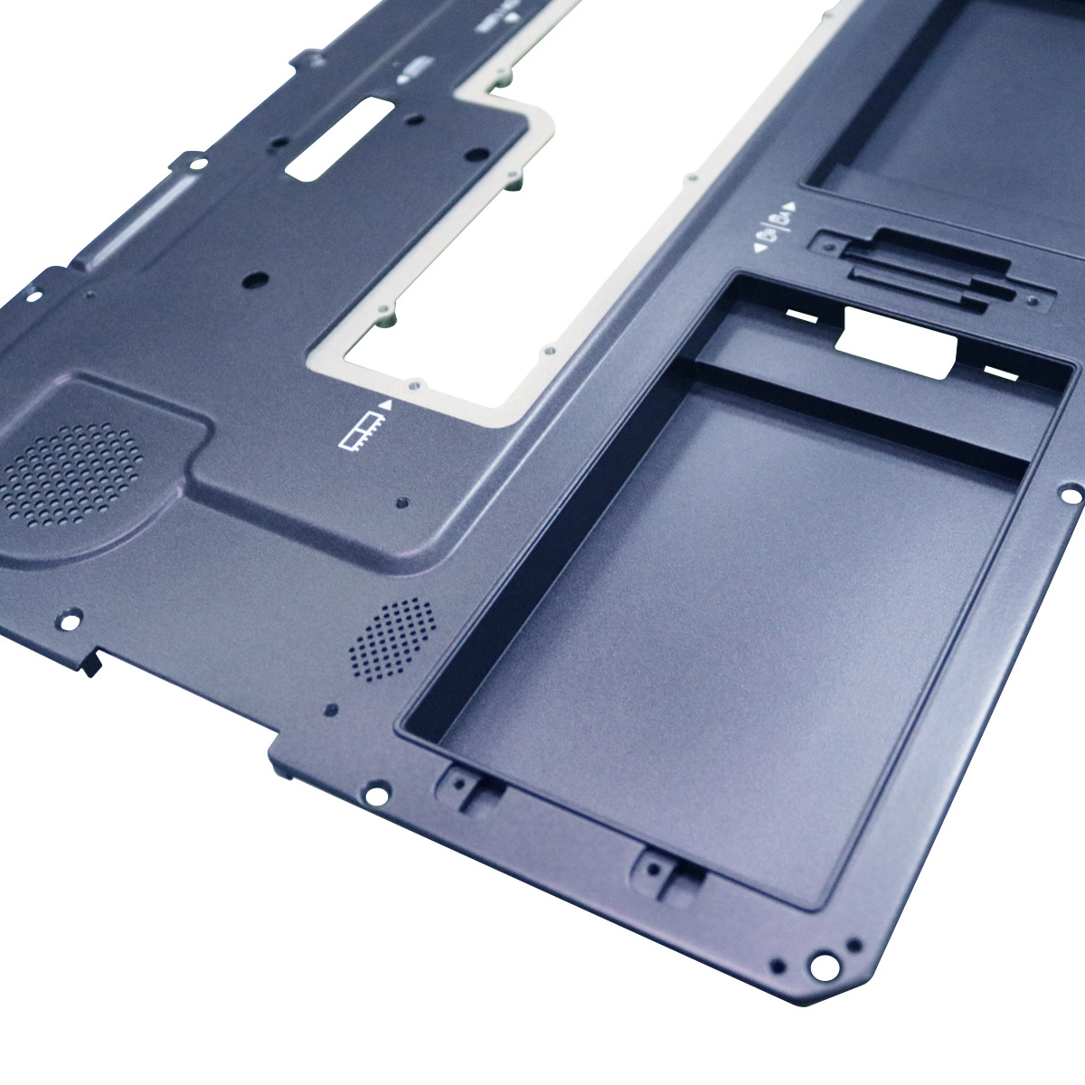 Computer panel prototype close-up showing pockets and machined details