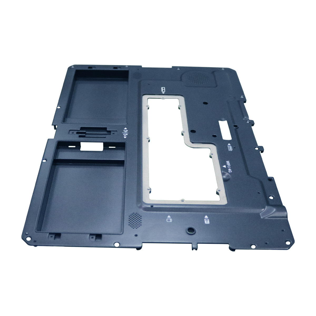 Computer panel prototype with mounting holes and recessed features, angled overview