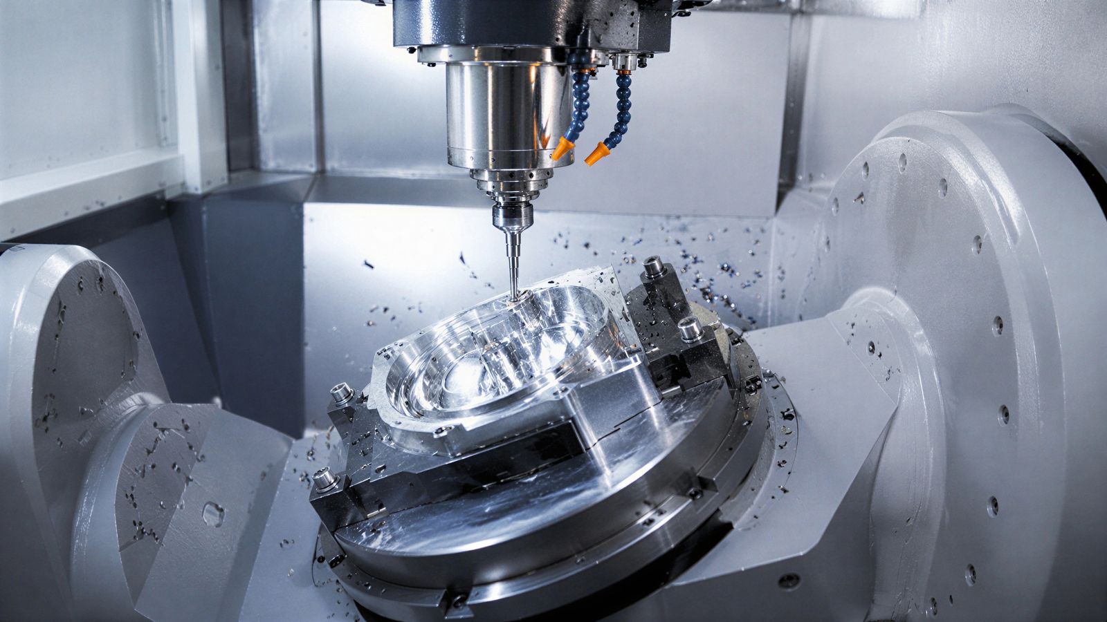 Five-axis CNC machine cutting a complex metal component