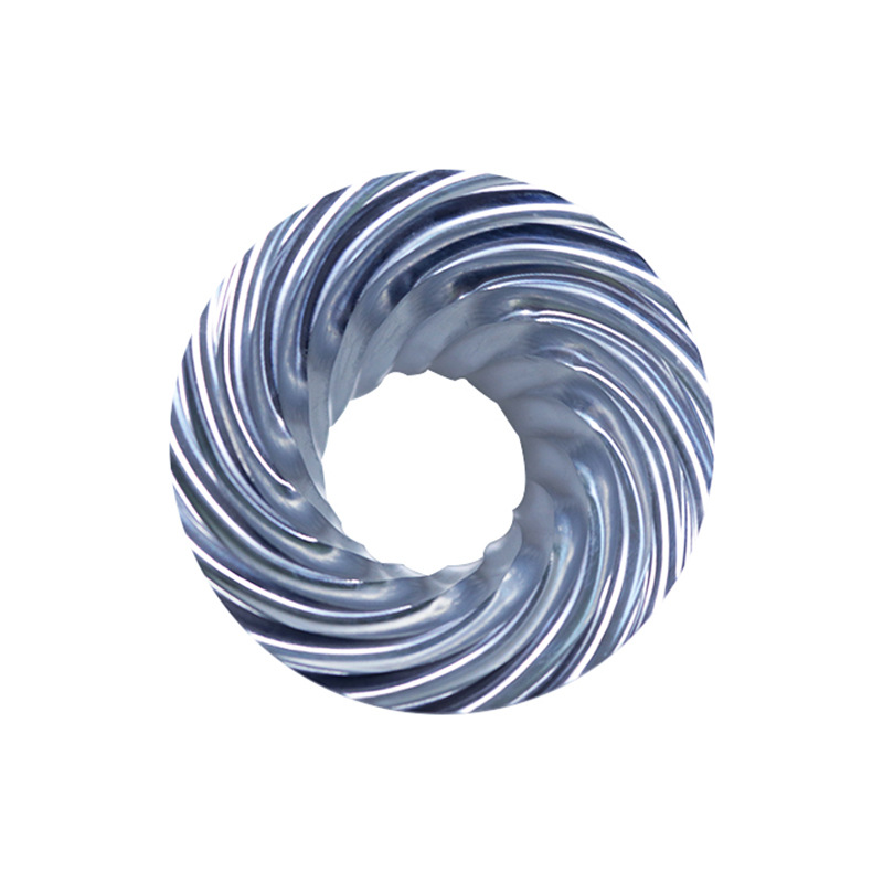 Polished aluminum component showing reflective spiral surfaces and central opening