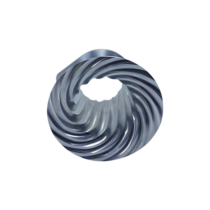 Top view of a polished aluminum component with spiral curved surfaces