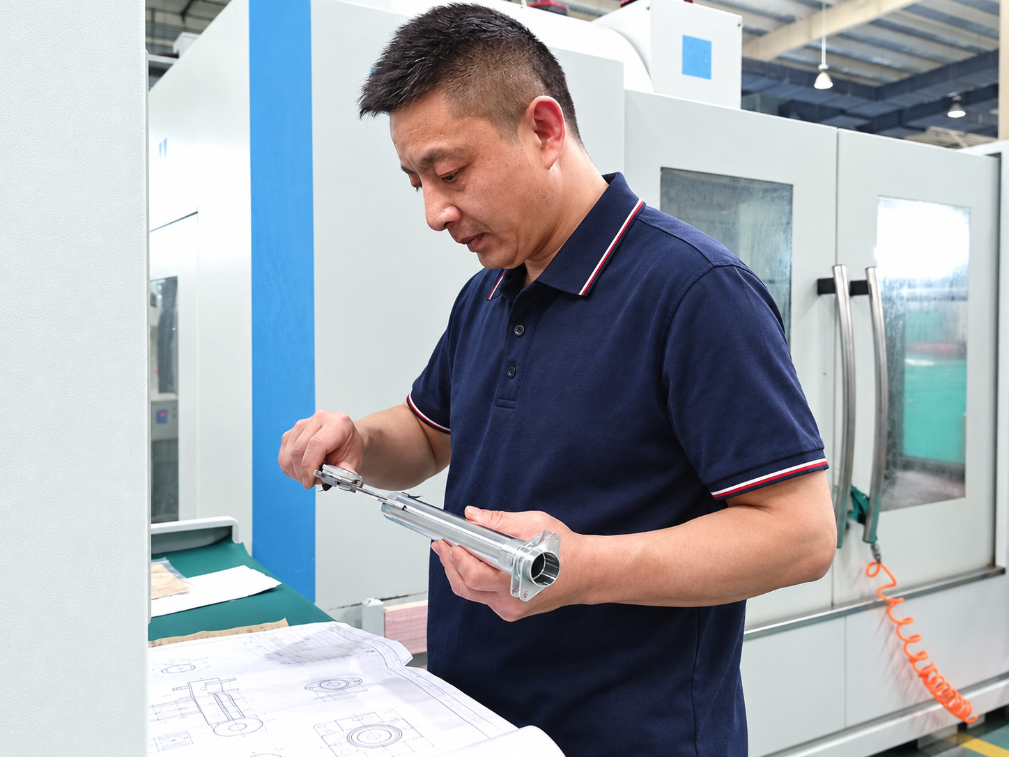 Mechonus engineer measuring a machined component with calipers.